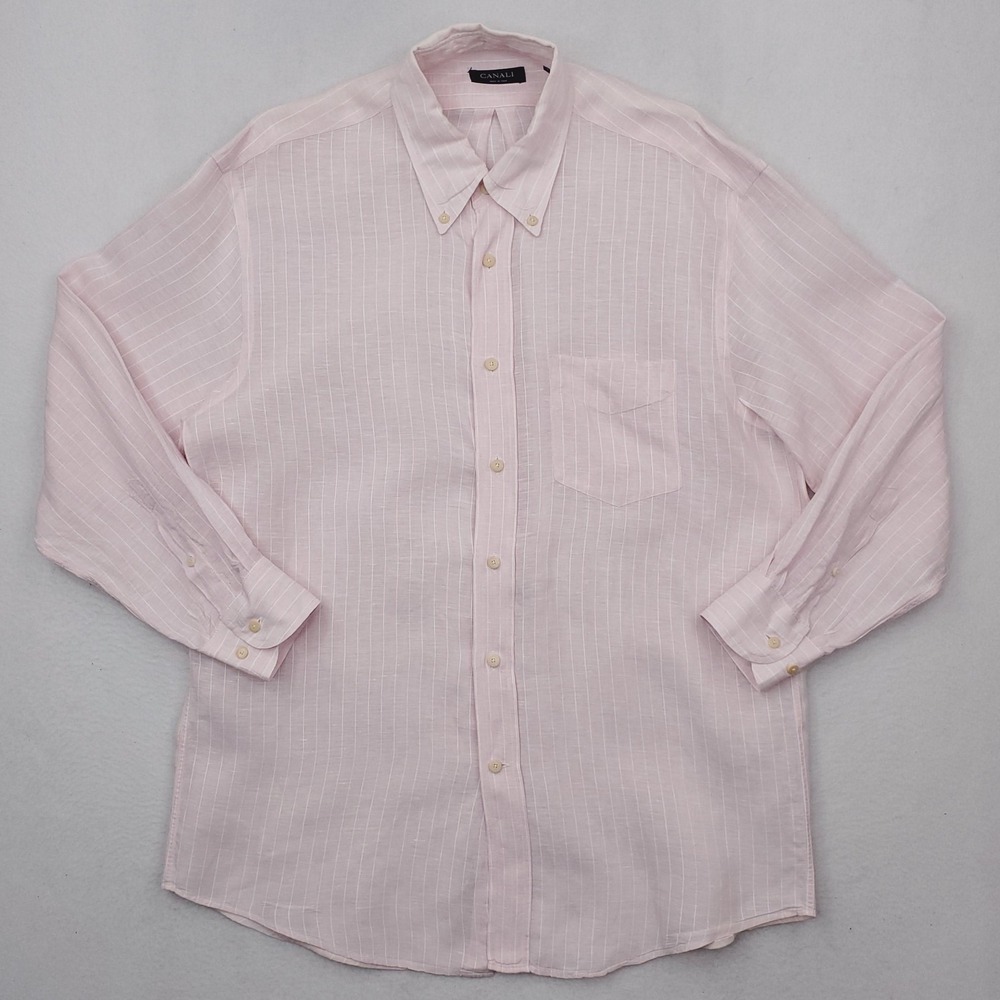 Canali Shirt Mens Large Pink Linen Stripe Button Down Long Sleeve Made In Italy